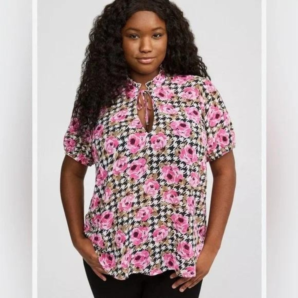 Torrid Pink Rose Houndstooth Chiffon Puff Sleeve Blouse 2 2X 18-20 NWT Workwear